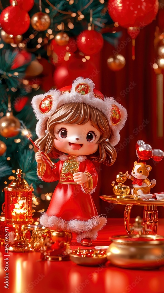 Naklejka premium Adorable Chinese New Year Doll with Festive Decorations
