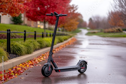 An Electric Scooter Parked on the Side of an Empty Street with Scattered Leaves