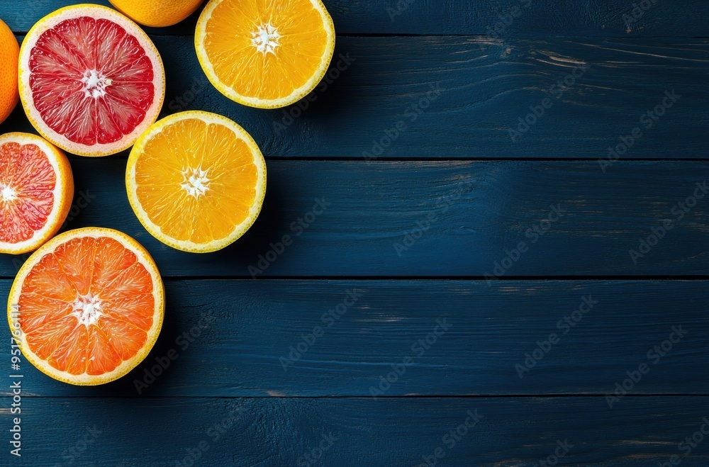 Citrus Fruits on Blue Wooden Background Citrus Fruits on Blue Wooden Background