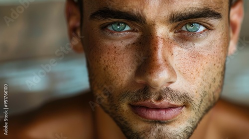 Portrait of a man with a clean-shaven face, highlighting his smooth skin and natural features. The background is softly lit to enhance the focus on his face.