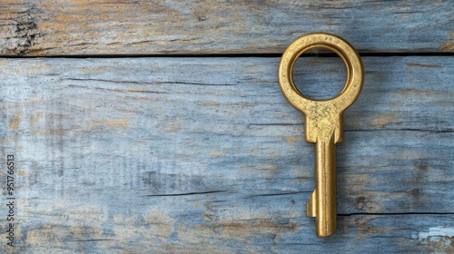 Golden Key on Rustic Wooden Background