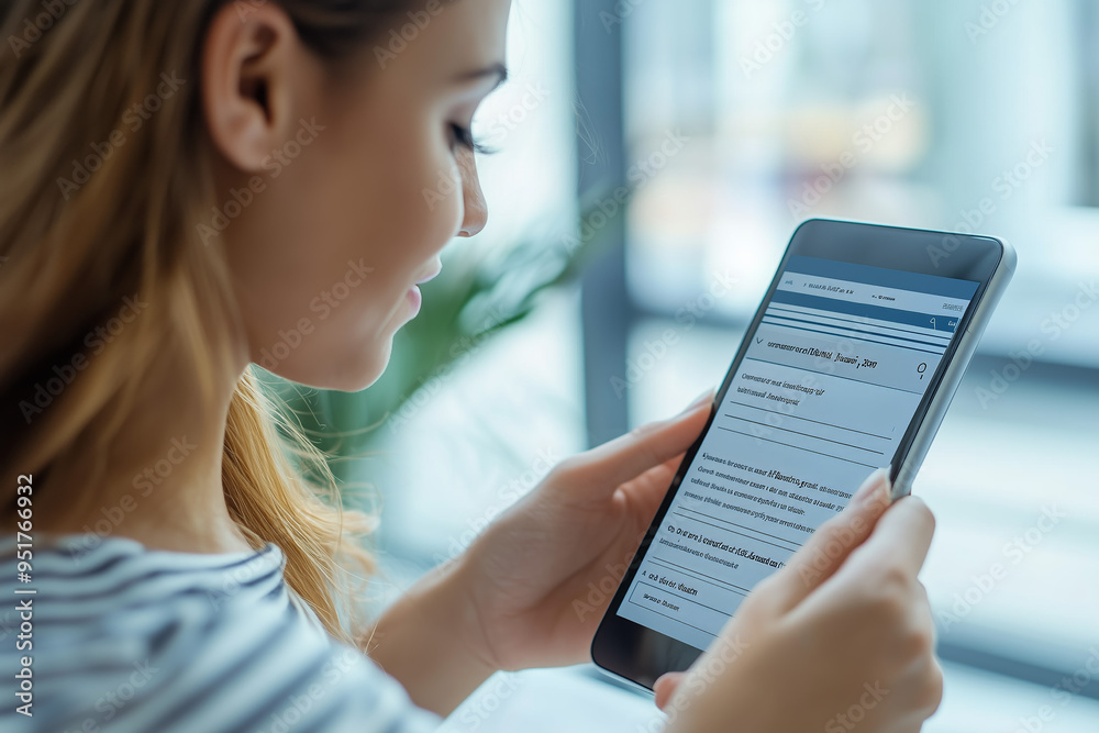 Woman Using Tablet for Online Research and Browsing Woman Using Tablet for Online Research and Browsing