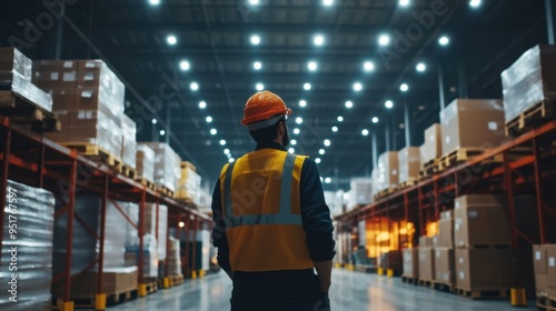 Early morning warehouse shift with workers preparing shipments under bright overhead lights, showcasing a productive and orderly work environment photo