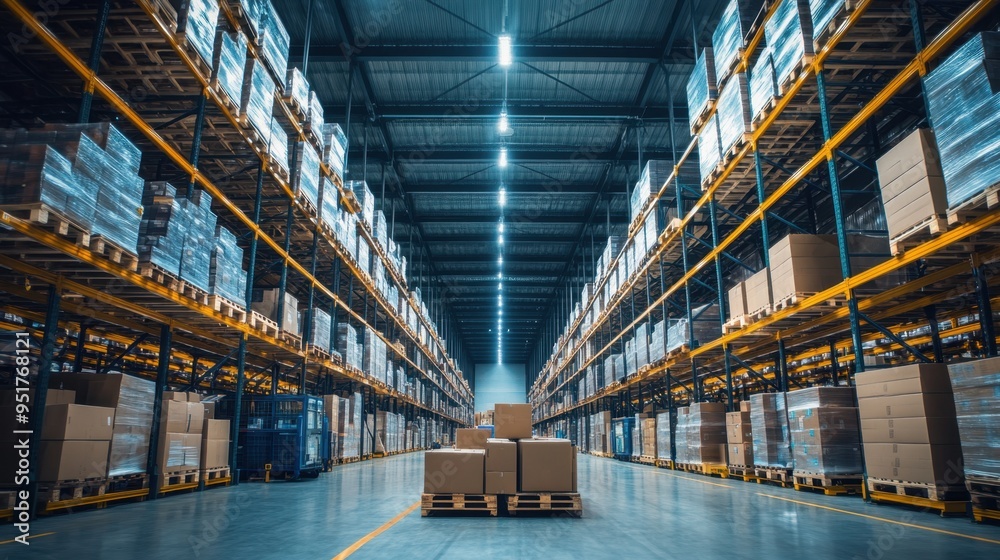 Fototapeta premium High-tech warehouse with automated systems and diverse staff managing inventory and shipments with advanced equipment and bright lighting