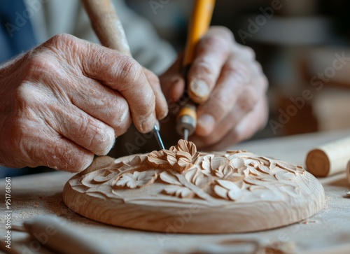 Close-Up of Hands Carving Wood with Chisels to Create an Ornament photo