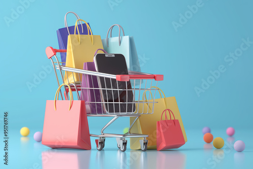 Full of shopping bags and smartphone in cart. Online shopping, Internet banking, online payment. Technology and lifestyle