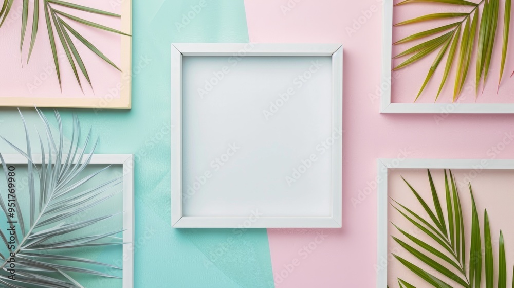 Top view of white blank square frame for mock up and display products with pastel background