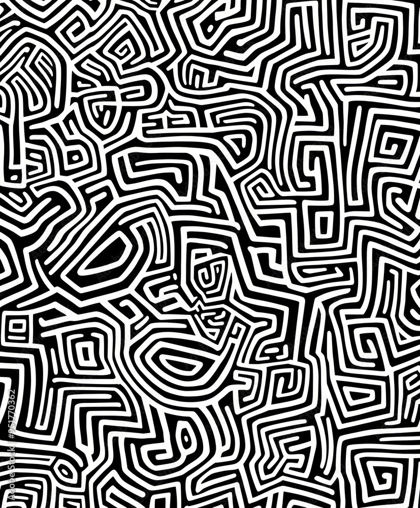 A complex abstract pattern of intertwining black and white lines creating a maze-like design. A complex abstract pattern of intertwining black and white lines creating a maze-like design.