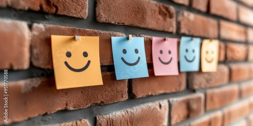 Colorful Sticky Notes with Smiling Faces on the Wall for a Positive Work Environment photo