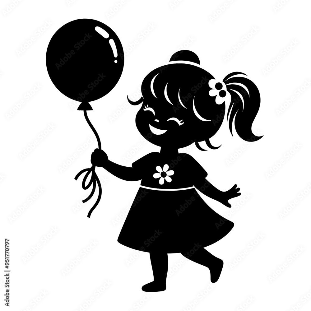 Vector silhouette of a cute, joyful girl holding a balloon isolated on a transparent background - Concept of happiness and play Vector silhouette of a cute, joyful girl holding a balloon isolated on a transparent background - Concept of happiness and play