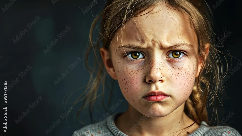 A serious young girl with freckles and a stern expression gazes thoughtfully at the camera in a dark setting A serious young girl with freckles and a stern expression gazes thoughtfully at the camera in a dark setting