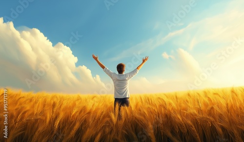 Man raising arms in golden wheat field under clear blue sky, symbolizing freedom, joy, and connection with nature.