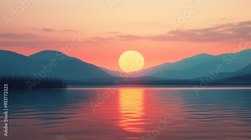 Sunset over a serene lake, summer evening, 3D illustration