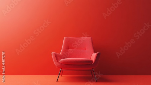 A red chair is sitting in front of a red wall