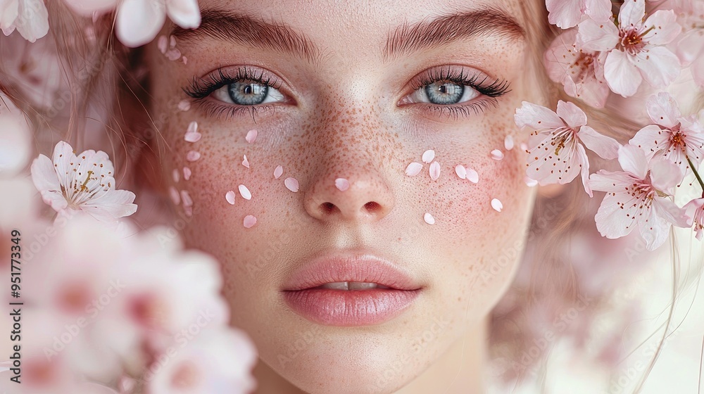 Close-Up Portrait of a Woman with Freckles and Cherry Blossom Petals on Face, Surrounded by Pink Flowers Close-Up Portrait of a Woman with Freckles and Cherry Blossom Petals on Face, Surrounded by Pink Flowers