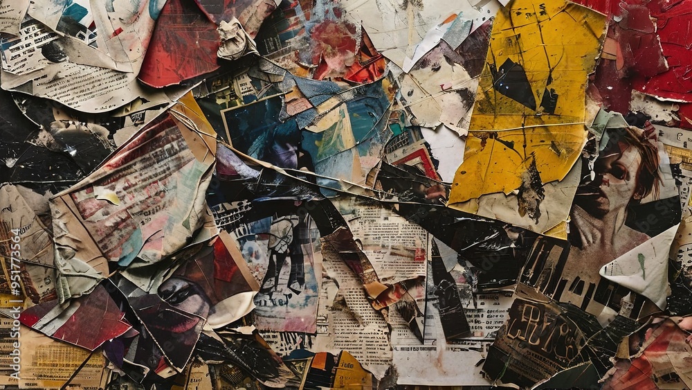 Fototapeta premium A wall covered in torn, colorful, and faded posters.