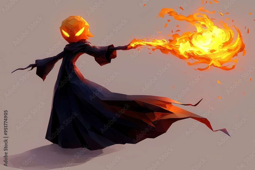 Fototapeta premium Pumpkin-Headed Wizard Casting Fire Magic
