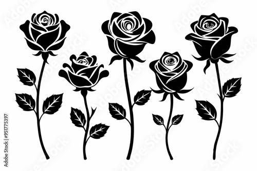 Rose silhouette set of devorative with leaves. Flower vector illustration photo