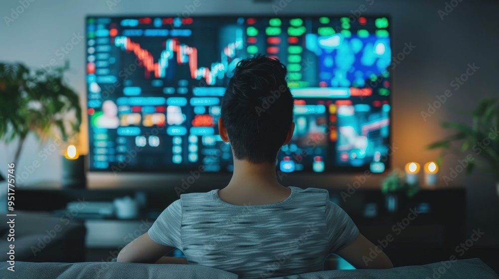 Woman Watching Stock Market Data on TV at Home