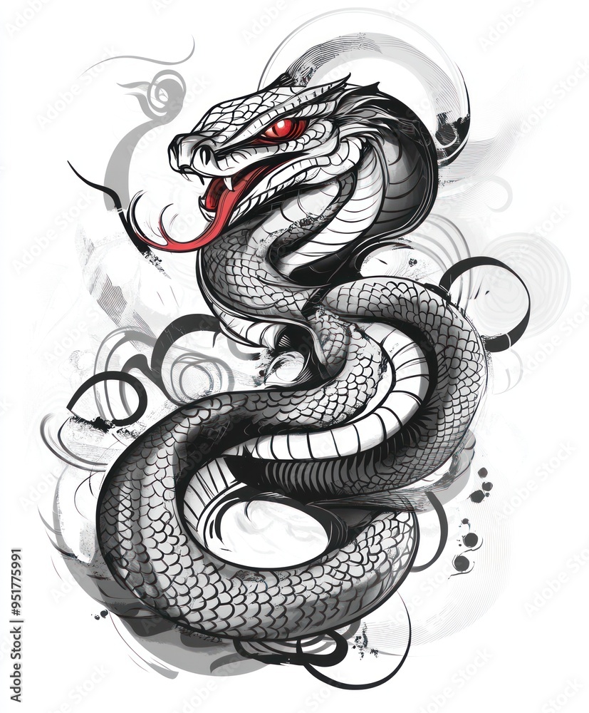 A stylized black and white illustration of a snake with red eyes and intricate patterns. A stylized black and white illustration of a snake with red eyes and intricate patterns.