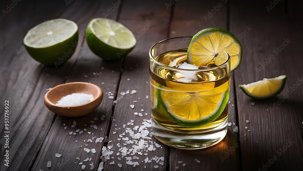 Gold tequila with lime and salt, selective focus Gold tequila with lime and salt, selective focus