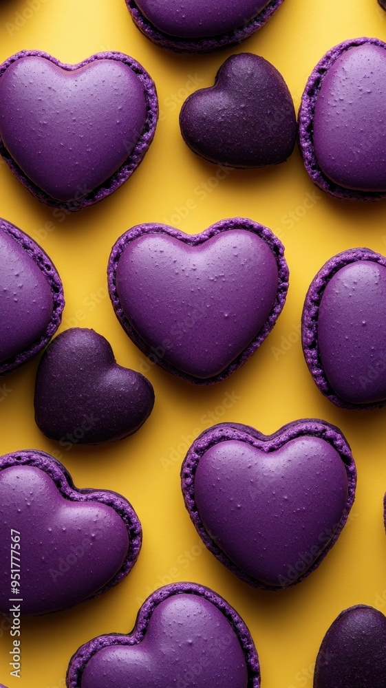 French sweet Violet heart macaroons on yellow background,Pastry shop card with copy space,french purple macaroons,Paris Pastry,bakery and branding valentine couple concept,copy space. French sweet Violet heart macaroons on yellow background,Pastry shop card with copy space,french purple macaroons,Paris Pastry,bakery and branding valentine couple concept,copy space.