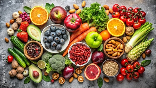 Colorful mix of fruits, nuts, and vegetables on a gray stone background