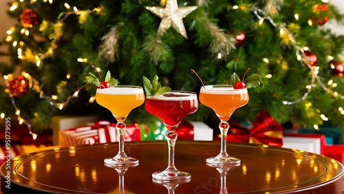 Three glasses with cocktails against a Christmas fur-tree