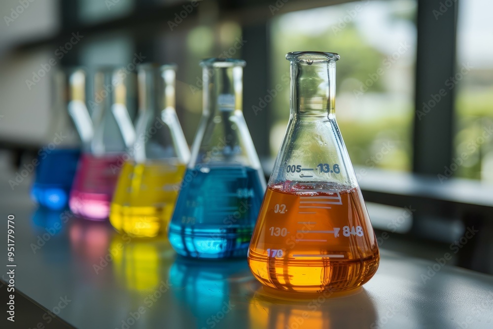 Several erlenmeyer flasks are standing in a row on a laboratory table filled with colorful chemical liquid for a scientific experiment Several erlenmeyer flasks are standing in a row on a laboratory table filled with colorful chemical liquid for a scientific experiment