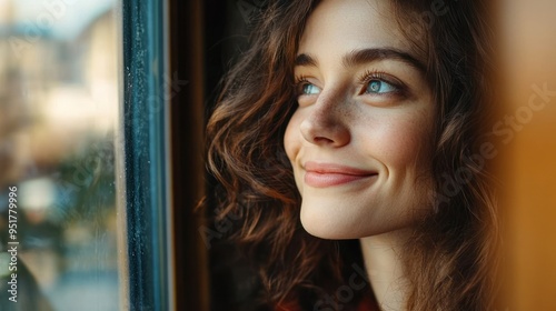 Smiling woman looking out a window