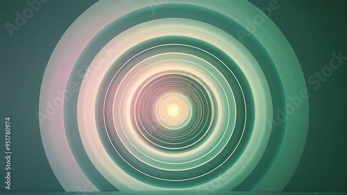 Abstract background with concentric circles in green and pink tones, creating a hypnotic effect with a glowing center.