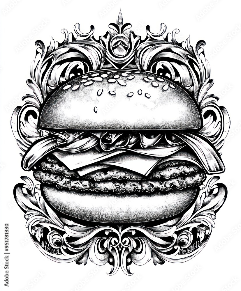A detailed black and white illustration of a hamburger with ornate designs. A detailed black and white illustration of a hamburger with ornate designs.