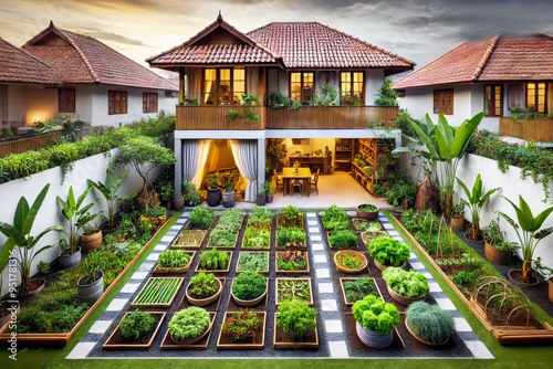 A beautiful, organized garden courtyard with raised vegetable beds in front of a charming two-story home, blending modern design with traditional architecture, creating a serene, lush living space. photo