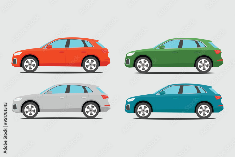 Vector illustration set of land vehicle in different color. Image of four car in cartoon flat style. Icon of car product for labelling advertising in trip, family car comfort vehicle side view. Vector illustration set of land vehicle in different color. Image of four car in cartoon flat style. Icon of car product for labelling advertising in trip, family car comfort vehicle side view.