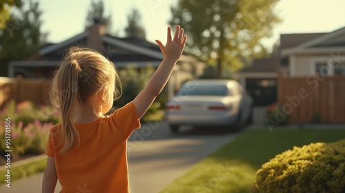 A child waves goodbye to a car in a serene suburban neighborhood, highlighting moments of farewells and family connections. photo