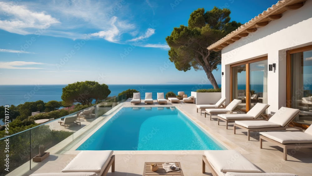 Fototapeta premium Terrace of a resort hotel with sunbeds and swimming pool with clear blue water with breathtaking panoramic sea view