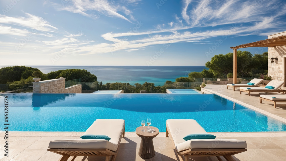 Terrace of a resort hotel with sunbeds and swimming pool with clear blue water with breathtaking panoramic sea view Terrace of a resort hotel with sunbeds and swimming pool with clear blue water with breathtaking panoramic sea view