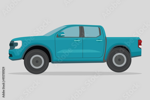 Vector illustration of pickup truck in cartoon flat style. Off-road car on grayscale background. Image of a land vehicle strong durability and comfort. Gasoline car, electric car