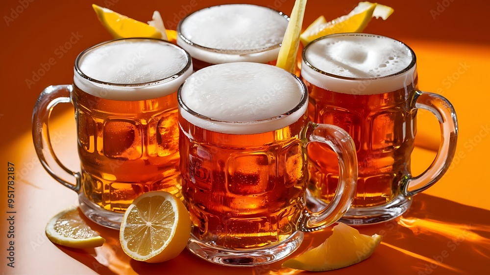 Close up view of arranged mugs of cold beer with froth on orange background Close up view of arranged mugs of cold beer with froth on orange background