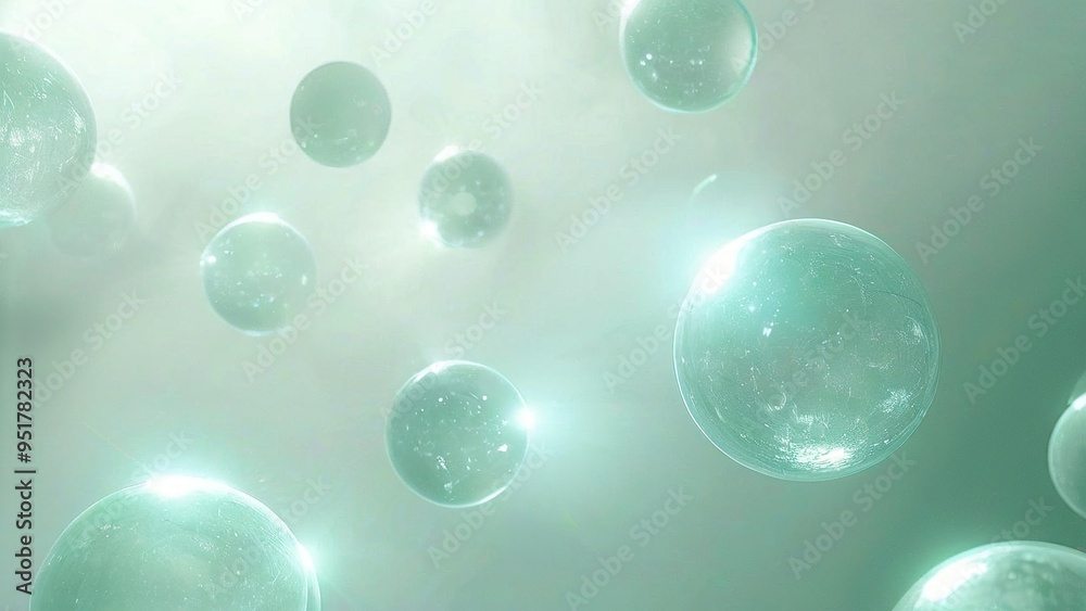 Abstract background with green orbs floating in a soft white light. Abstract background with green orbs floating in a soft white light.