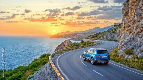 Blue car SUV driving along a scenic coastal road at sunset, with sea and mountain views. Travel and road trip concept