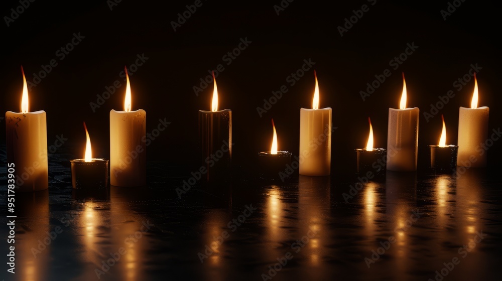 A row of candles are lit and are reflected in the water A row of candles are lit and are reflected in the water