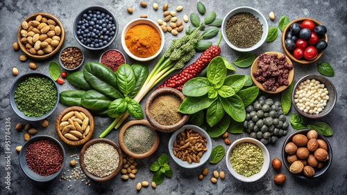 Arrangement of healthy superfoods including seeds, nuts, and leafy greens on a textured gray surface