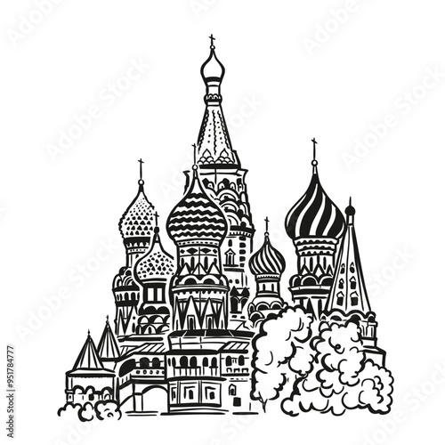 Saint Basil's Cathedral in the center of Moscow, Russia. Vector illustration in doodle style, sketch