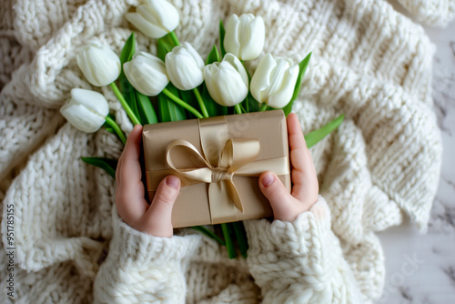 Child Holding a Gift Box with Ribbon and White Tulips background, Top View Close-Up, Happy Mother's Day concept. Generative AI