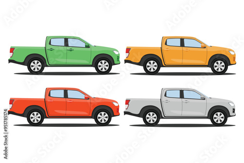 Vector illustration set of land vehicle in different color. Image of pickup truck in cartoon flat style. Four wheel drive sporty car. Comfort pickup truck icon, symbol, logo for advertising