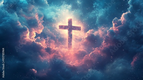 Abstract wallpaper of a Cross in heavenly, ethereal clouds and shining lights. Cross background symbolizing prayer, heaven, or spirituality. generative ai