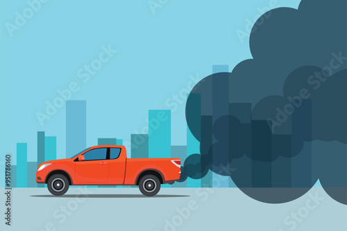 Vector illustration of car exhaust pollution in the city. Automobile exhaust pollutes cities, saving energy and reducing emissions. Polluted air environment at city, vehicle traffic and toxic smog