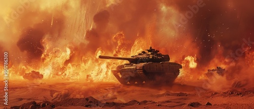 A tense desert battlefield: 3 tanks in combat - 2 advancing, 1 engulfed in flames amid explosions and smoke, portraying chaos of armored warfare. photo