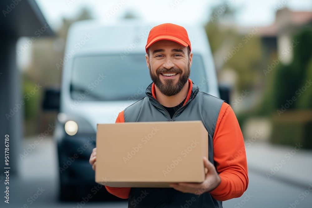 Smiling delivery man holding a package, standing in front of a van, ready for parcel delivery service. Courier in uniform with a friendly smile. Smiling delivery man holding a package, standing in front of a van, ready for parcel delivery service. Courier in uniform with a friendly smile.